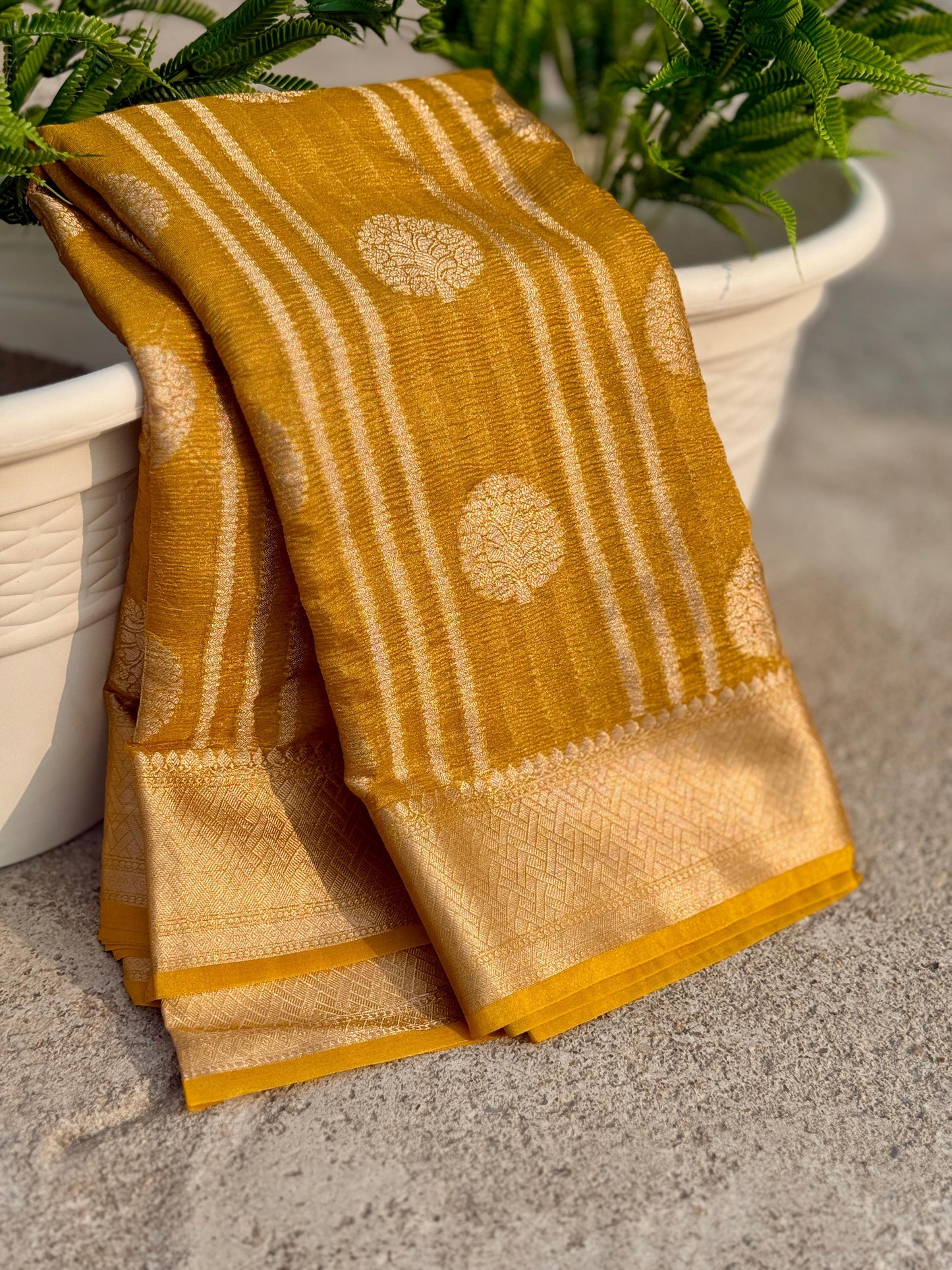 Mustard Yellow Banarasi Crush Tissue Silk Saree Alna Apparels