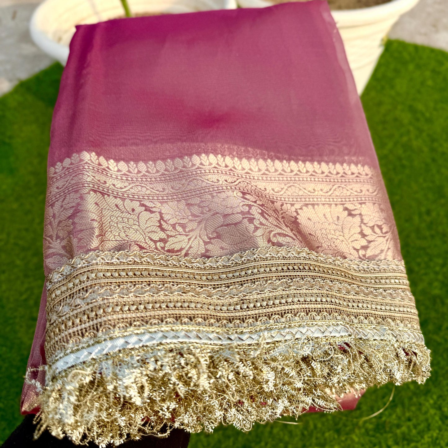 Pink Banarasi Tissue Silk Saree with Grand Lace Work Alna Apparels