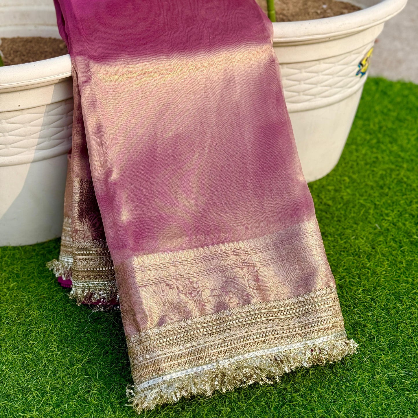 Pink Banarasi Tissue Silk Saree with Grand Lace Work Alna Apparels