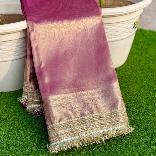 Pink Banarasi Tissue Silk Saree with Grand Lace Work Alna Apparels