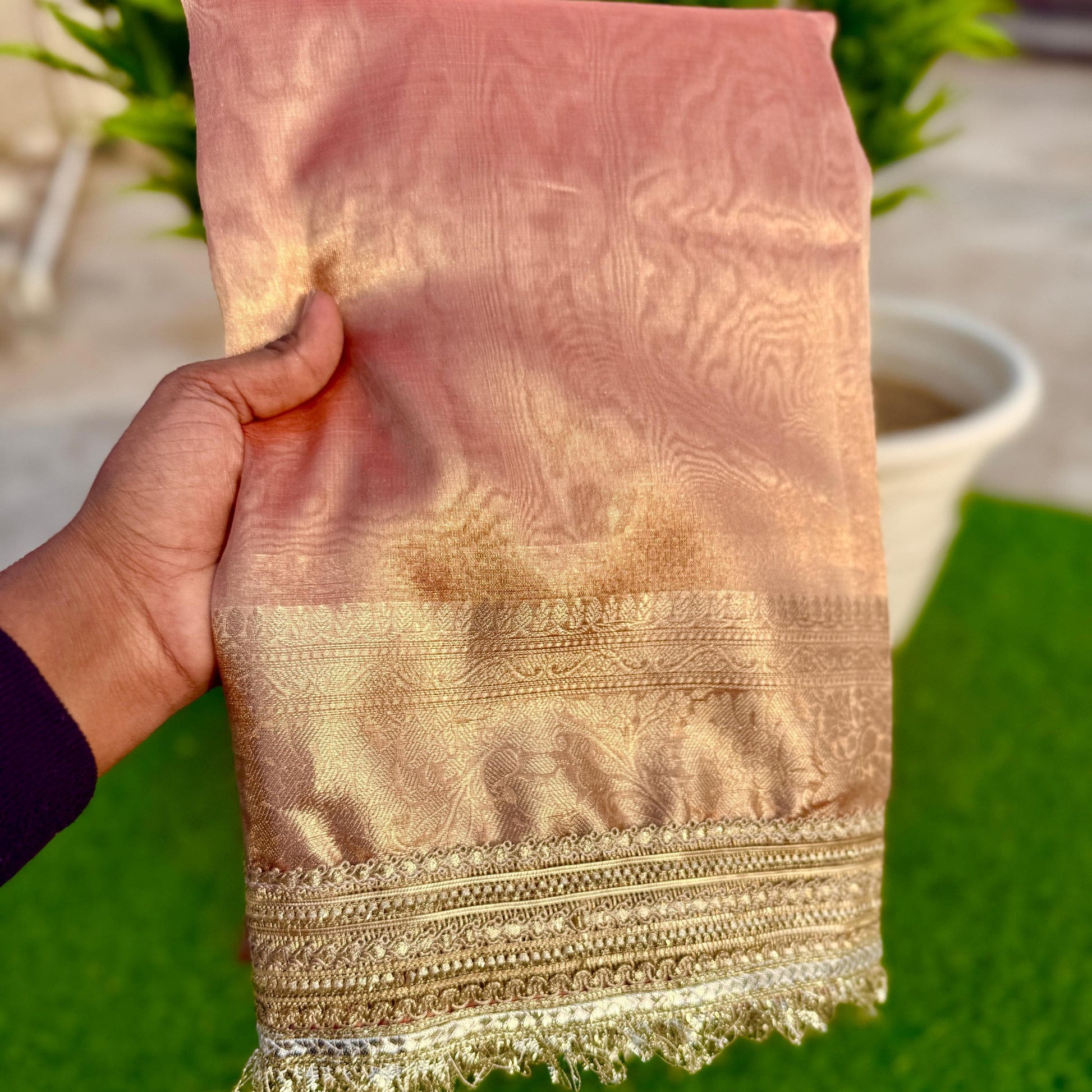 Peach Banarasi Tissue Silk Saree with Grand Lace Work Alna Apparels