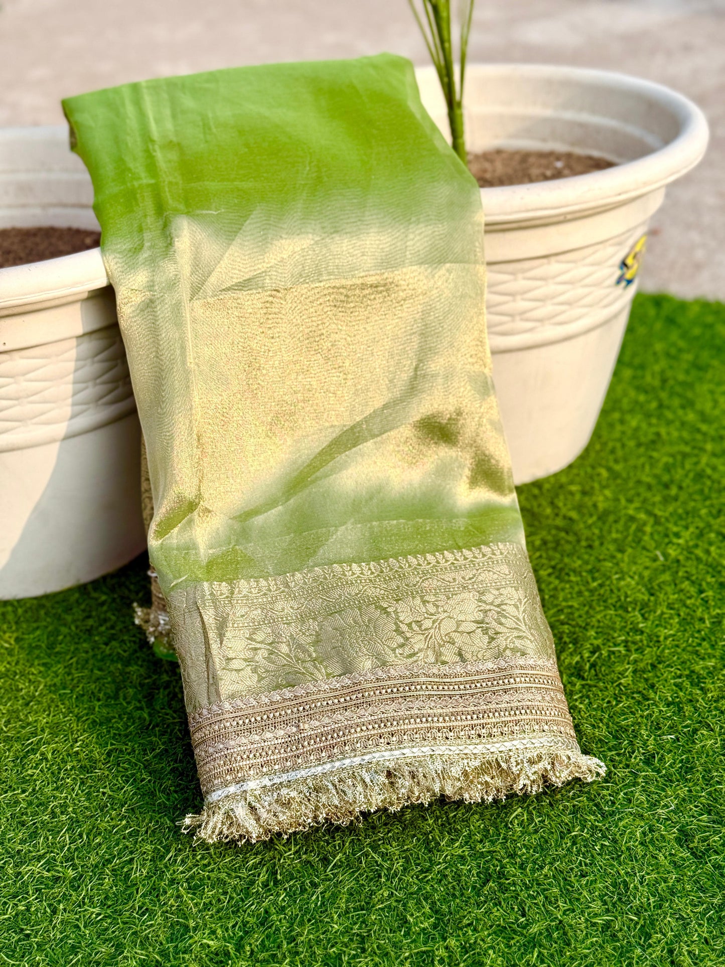 Lightgreen Banarasi Tissue Silk Saree with Grand Lace Work Alna Apparels