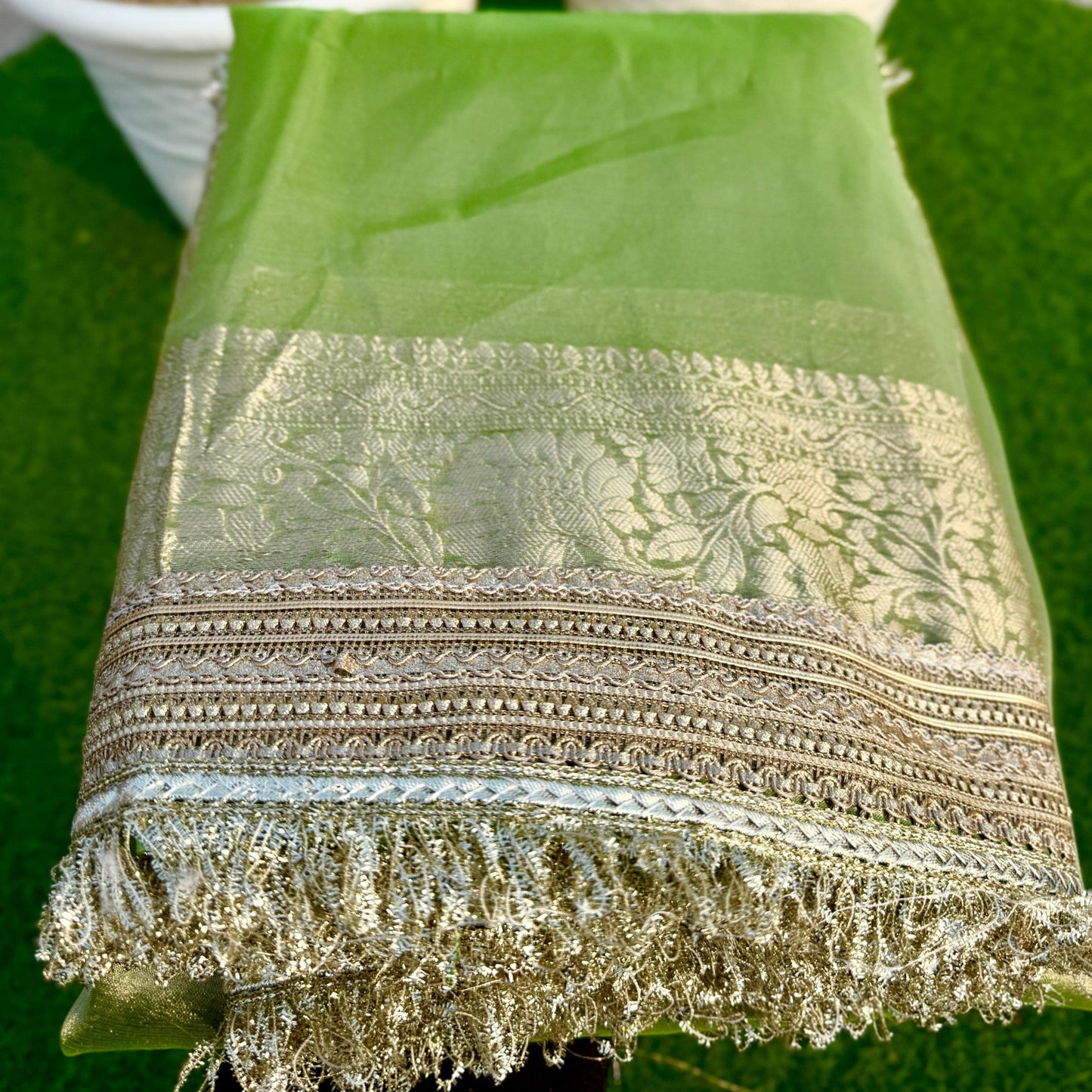 Lightgreen Banarasi Tissue Silk Saree with Grand Lace Work Alna Apparels