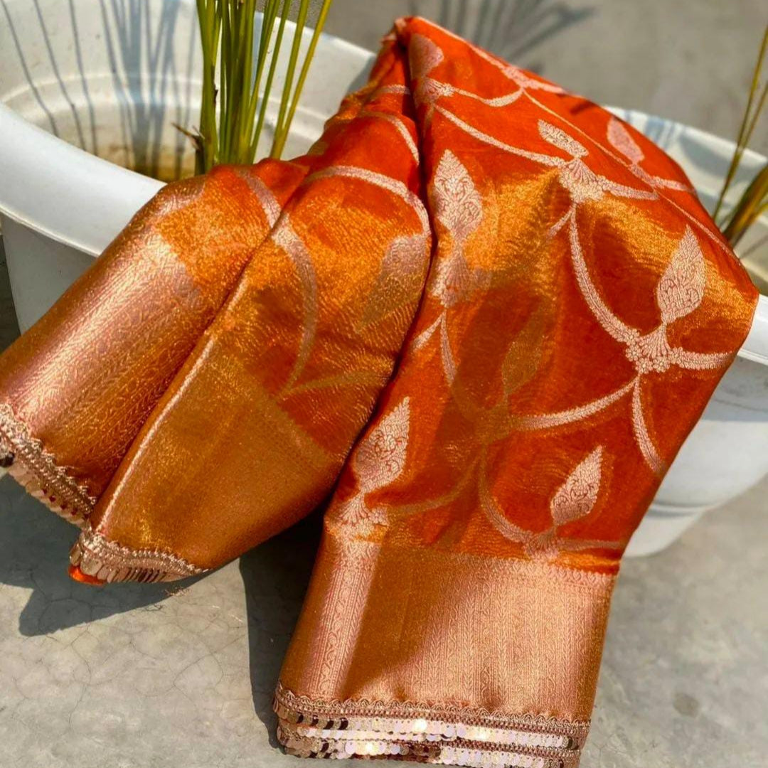 Orange Banarasi Tissue Silk Saree With Lace Alna Apparels