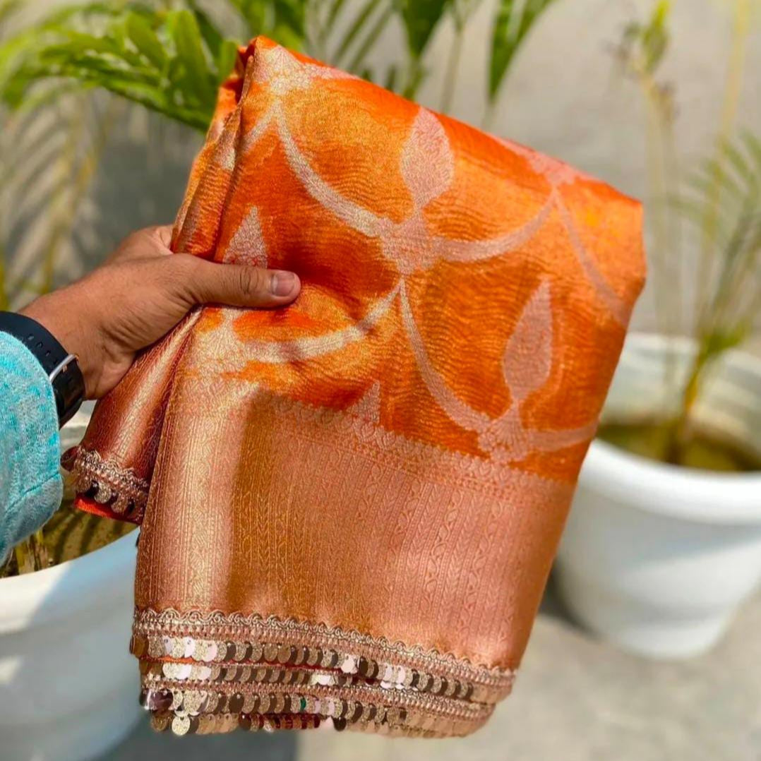 Orange Banarasi Tissue Silk Saree With Lace Alna Apparels