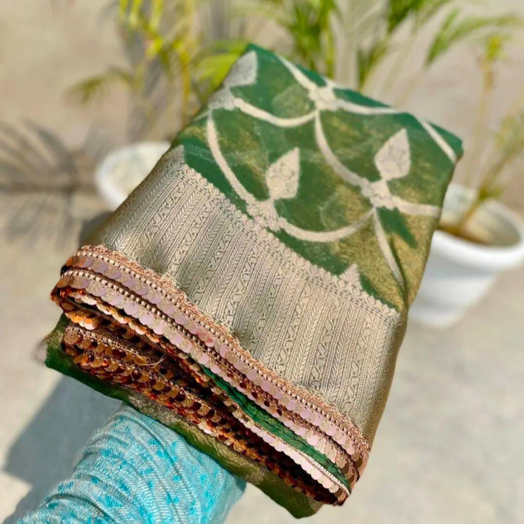 Green Banarasi Tissue Silk Saree With Lace Alna Apparels