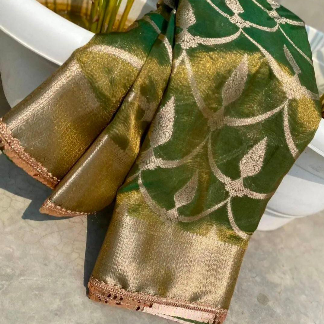 Green Banarasi Tissue Silk Saree With Lace Alna Apparels