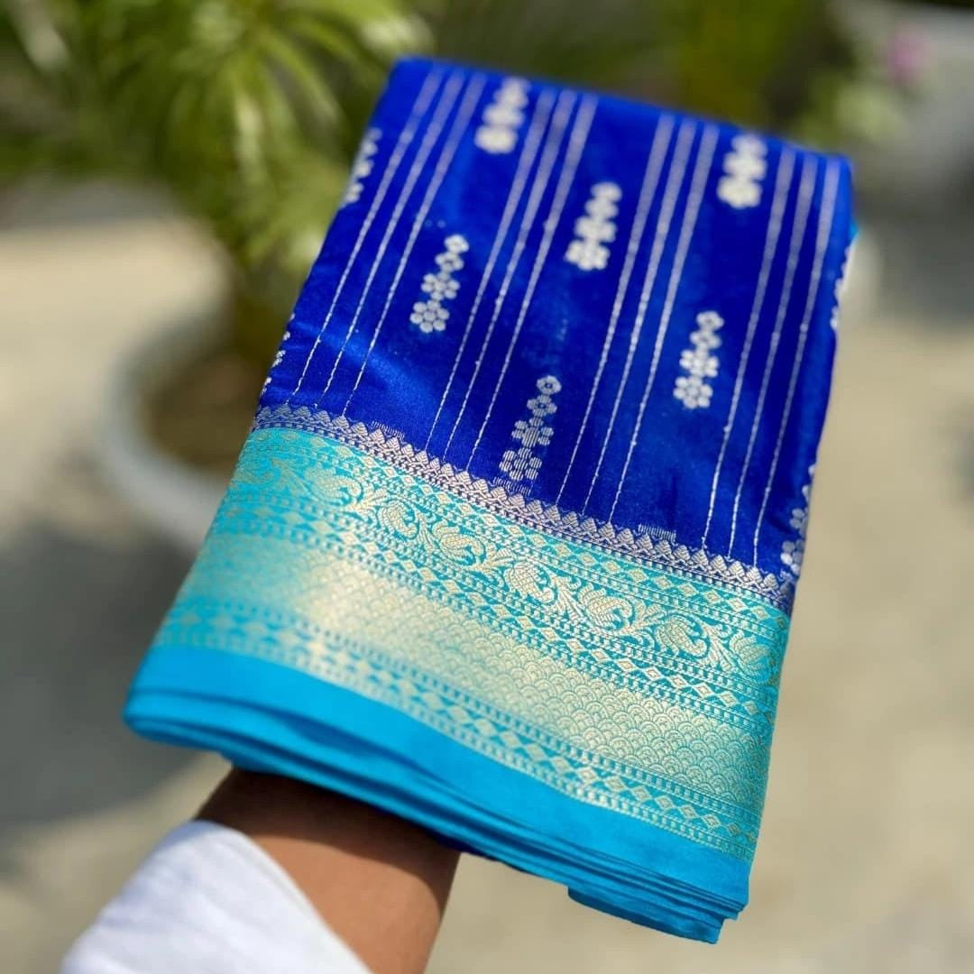 Blue Banarasi Kathan Gorgette Silk Saree Alna Apparels