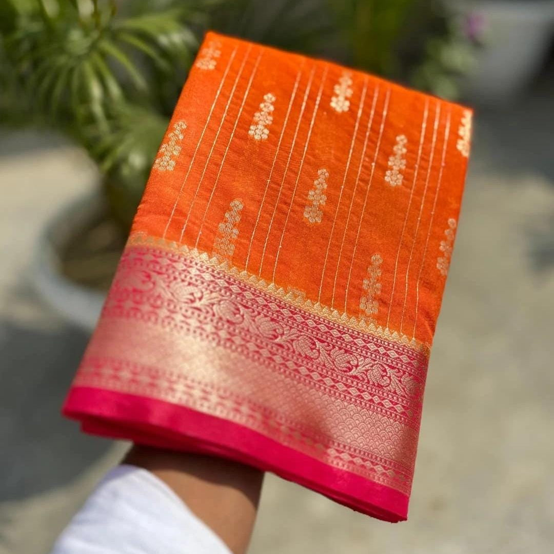 Orange Banarasi Kathan Gorgette Silk Saree Alna Apparels