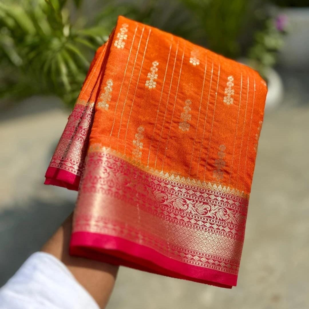 Orange Banarasi Kathan Gorgette Silk Saree Alna Apparels