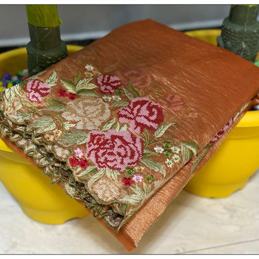 Gold Rush Banarasi Crush Tissue Embroidery Cutwork Saree Alna Apparels