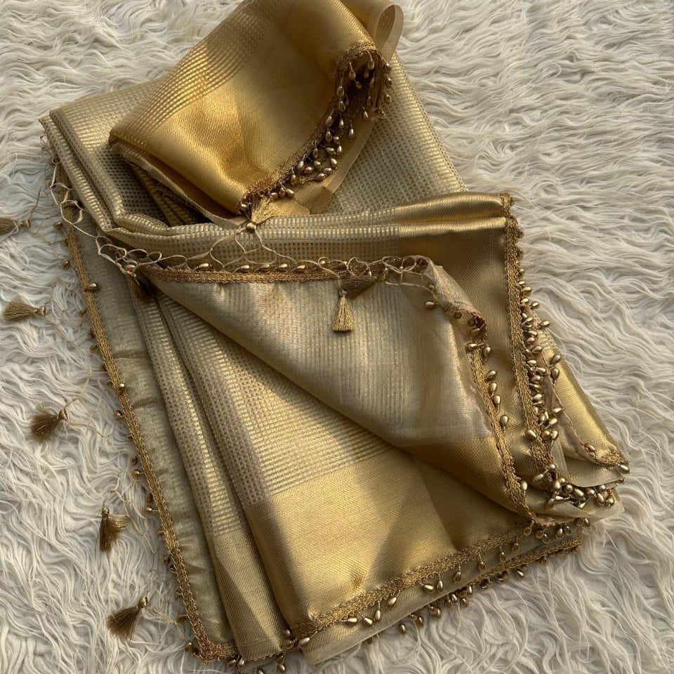 Nayantara inspired Gold Banarasi Tissue Silk Saree with Lace Alna Apparels