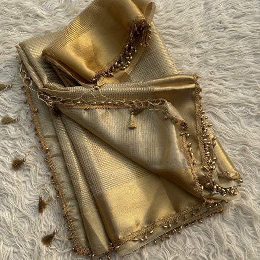 Nayantara inspired Gold Banarasi Tissue Silk Saree with Lace Alna Apparels