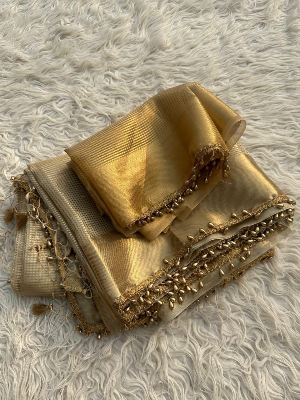 Nayantara inspired Gold Banarasi Tissue Silk Saree with Lace Alna Apparels