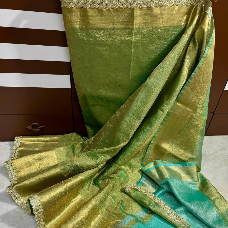 Green Banarasi Tissue Silk Saree With Lace Alna Apparels