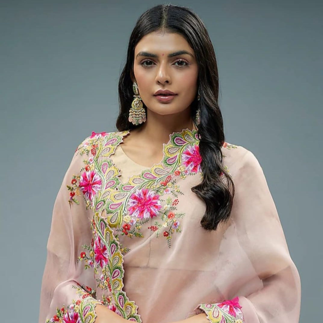 Pink Banarasi Dayble Cora Organza Silk Saree With Cutwork Alna Apparels