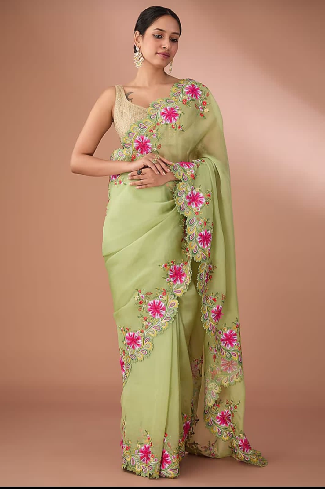 Pista Green Banarasi Dayble Cora Organza Silk Saree With Cutwork Alna Apparels
