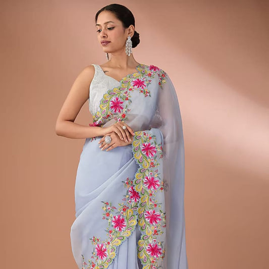 Light Blue Banarasi Dayble Cora Organza Silk Saree With Cutwork Alna Apparels