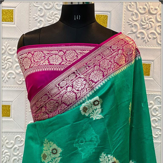Green Banarasi Georgette Meenakari Soft Silk Saree Alna Apparels