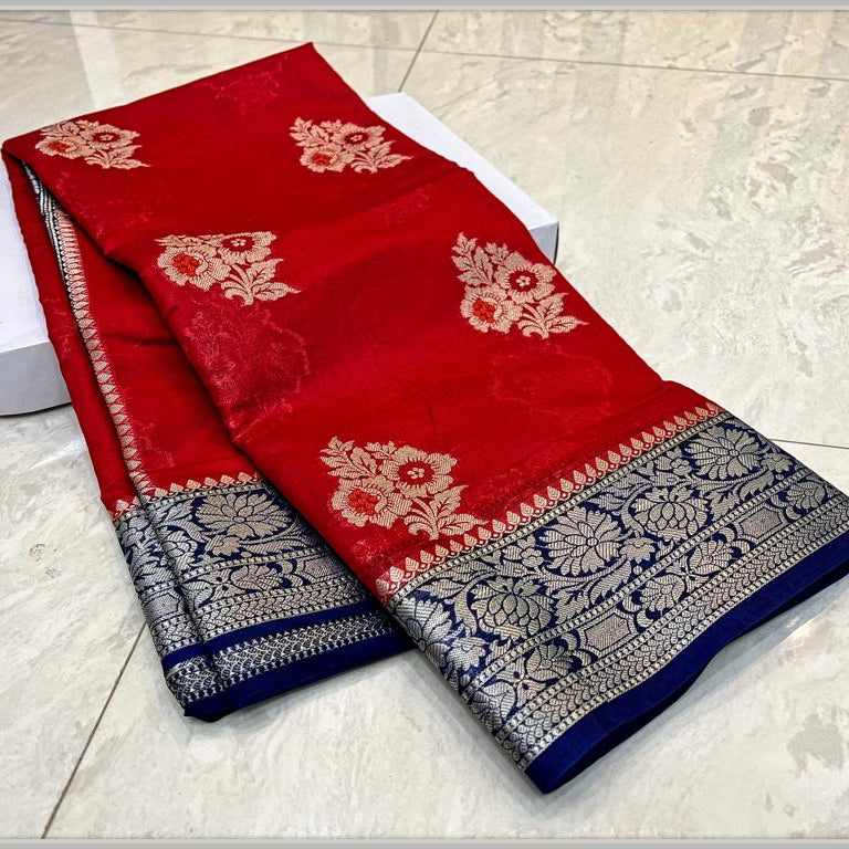 Red Banarasi Georgette Meenakari Soft Silk Saree Alna Apparels