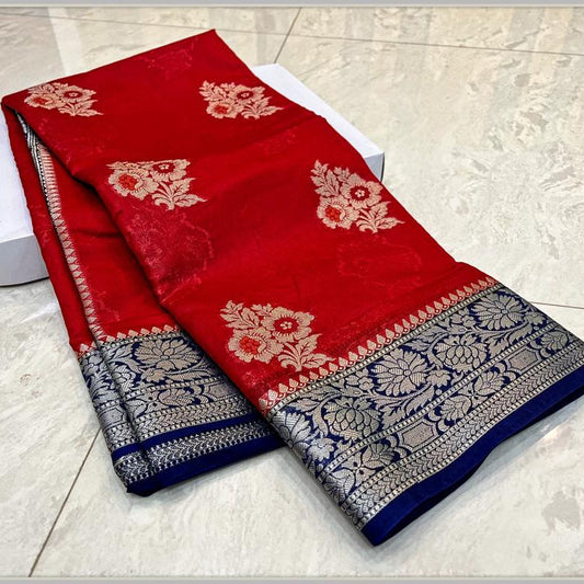 Red Banarasi Georgette Meenakari Soft Silk Saree Alna Apparels