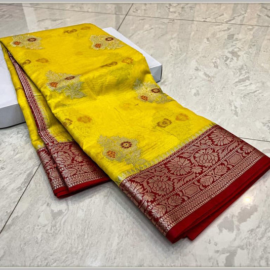 Yellow Banarasi Georgette Meenakari Soft Silk Saree Alna Apparels