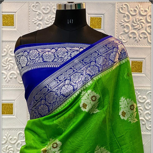 Parrot Green Banarasi Georgette Meenakari Soft Silk Saree Alna Apparels