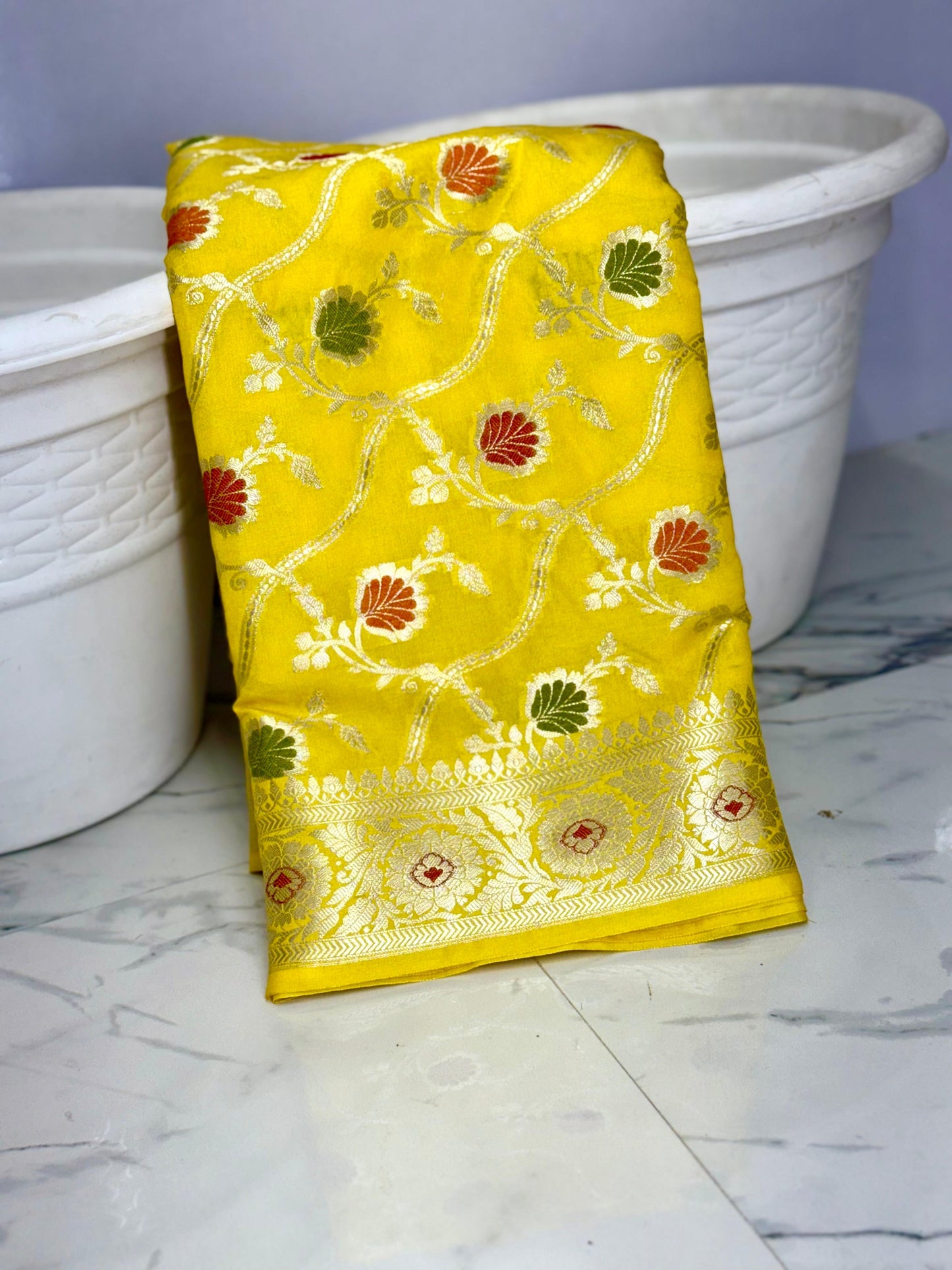 Yellow Color Banarasi Meenakari kathan Soft Silk Saree Alna Apparels