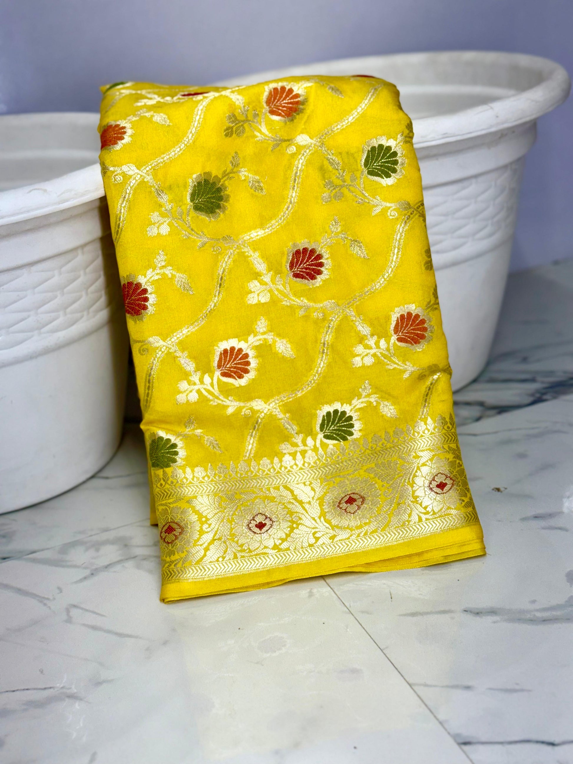 Yellow Color Banarasi Meenakari kathan Soft Silk Saree Alna Apparels