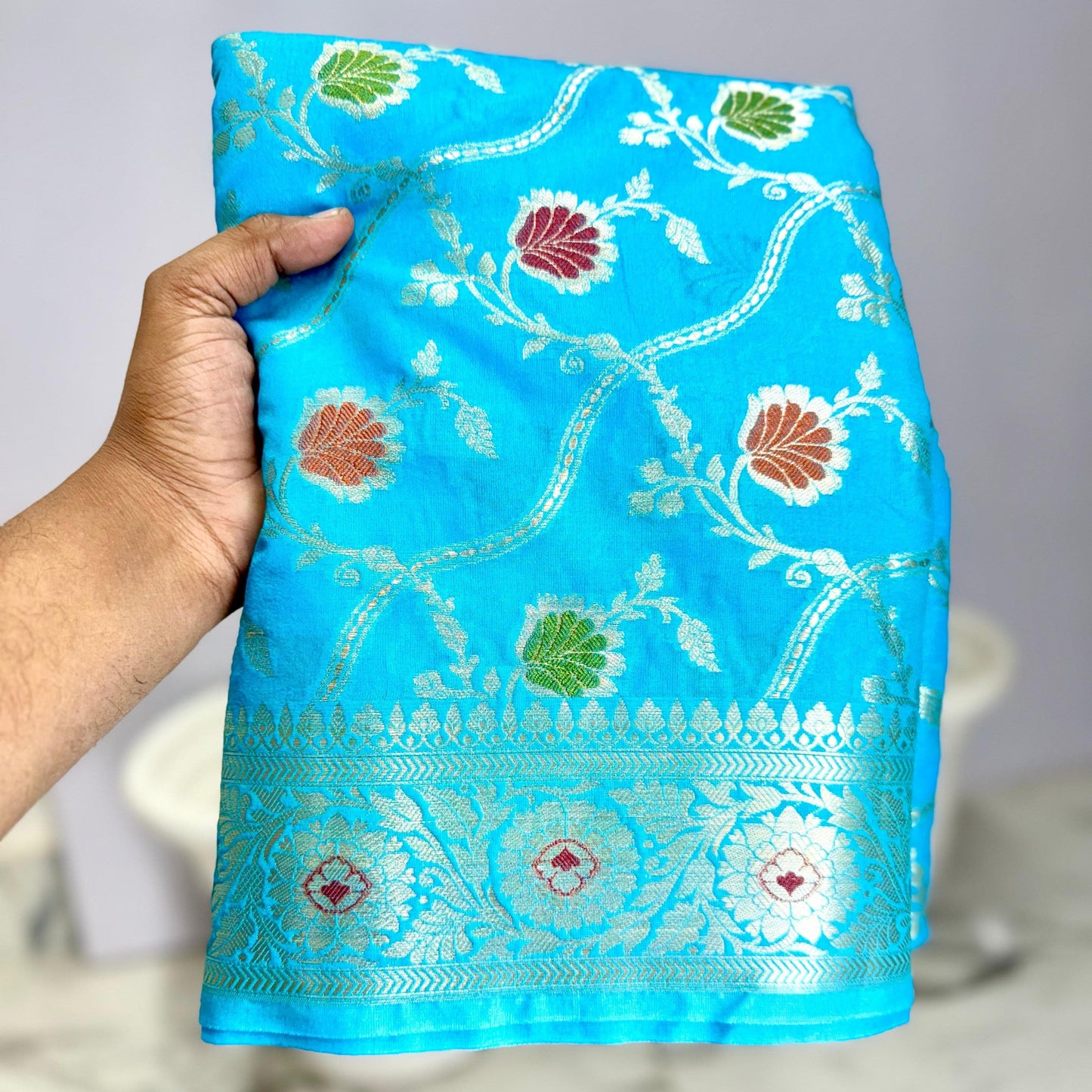 Light Blue Color Banarasi Meenakari kathan Soft Silk Saree Alna Apparels