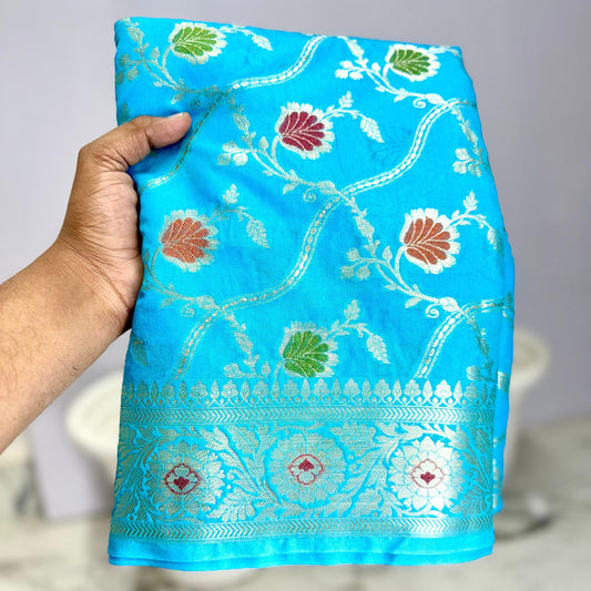 Light Blue Color Banarasi Meenakari kathan Soft Silk Saree Alna Apparels