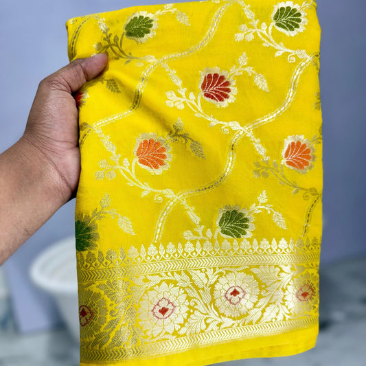 Yellow Color Banarasi Meenakari kathan Soft Silk Saree Alna Apparels