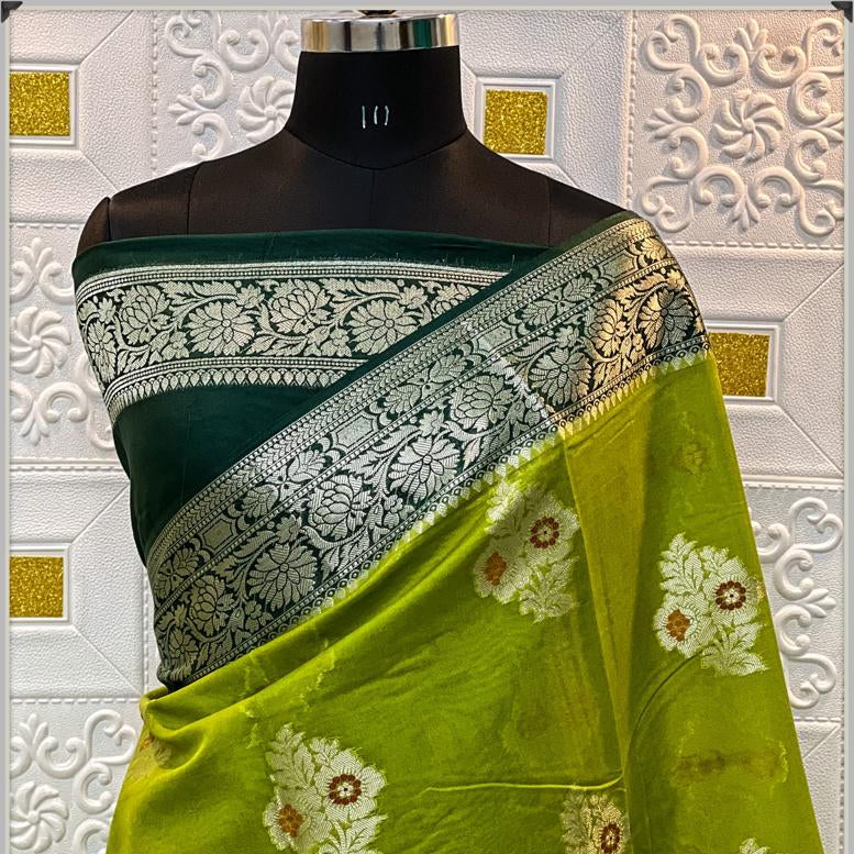 Green Banarasi Georgette Meenakari Soft Silk Saree Alna Apparels