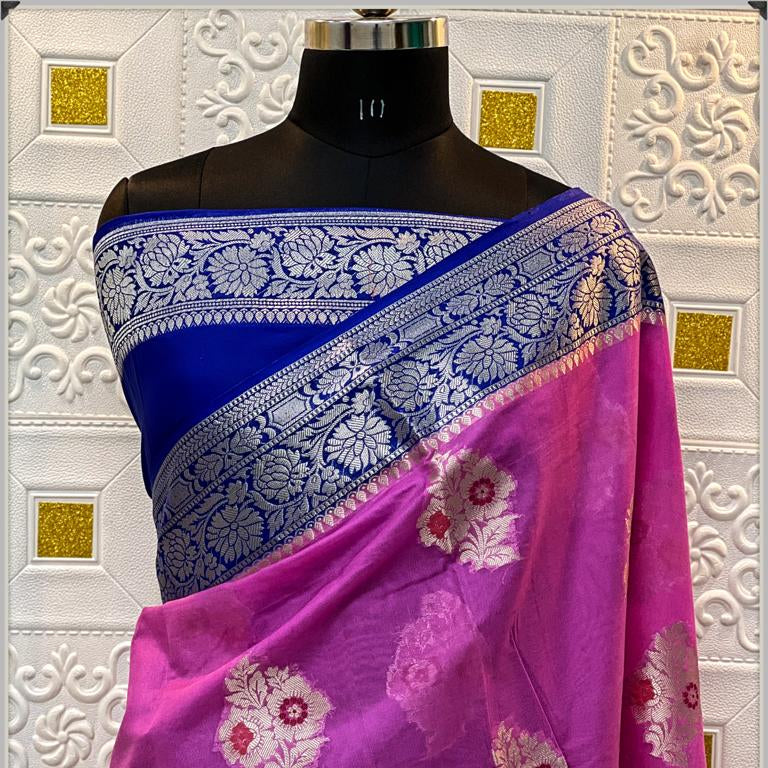 Pink Banarasi Georgette Meenakari Soft Silk Saree Alna Apparels