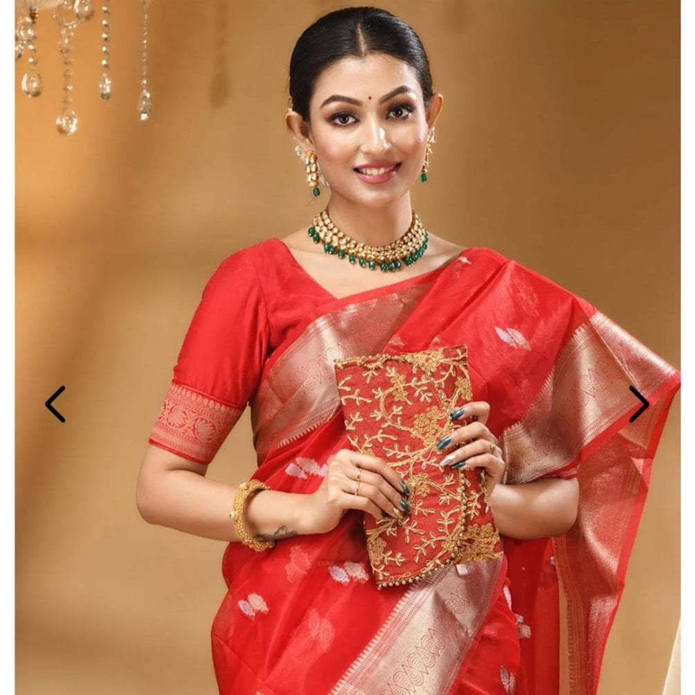 Red Banarasi Organza Silk Saree Alna Apparels