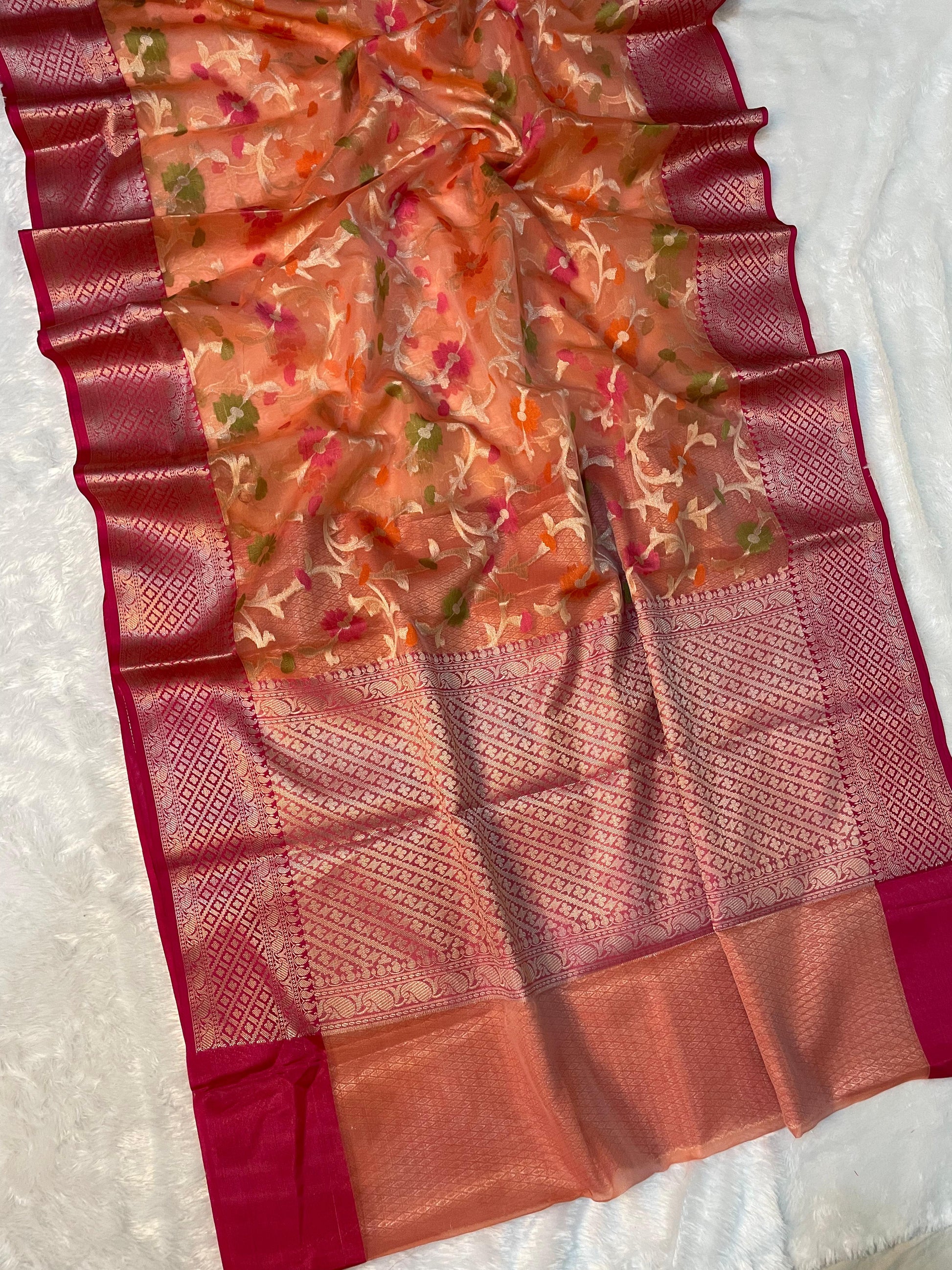 Orange Banarasi Cora Organza Silk Saree With Meenakari Work Alna Apparels