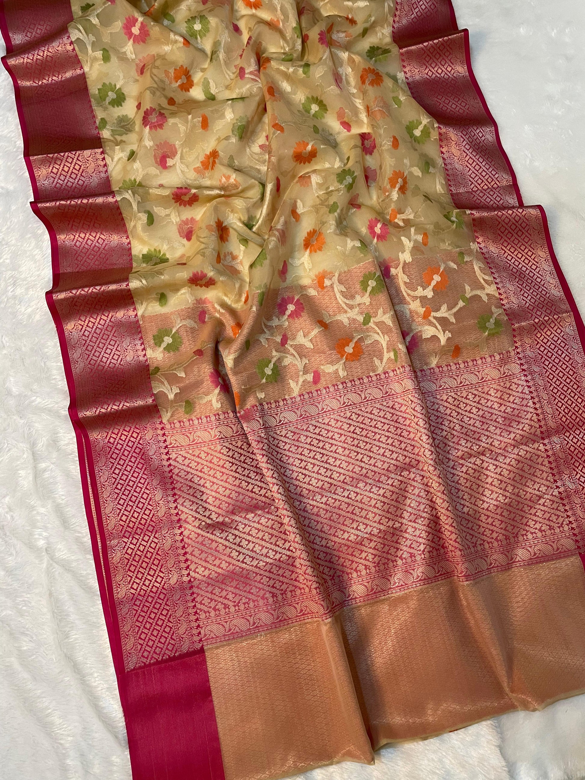 Off White Banarasi Cora Organza Silk Saree With Meenakari Work Alna Apparels