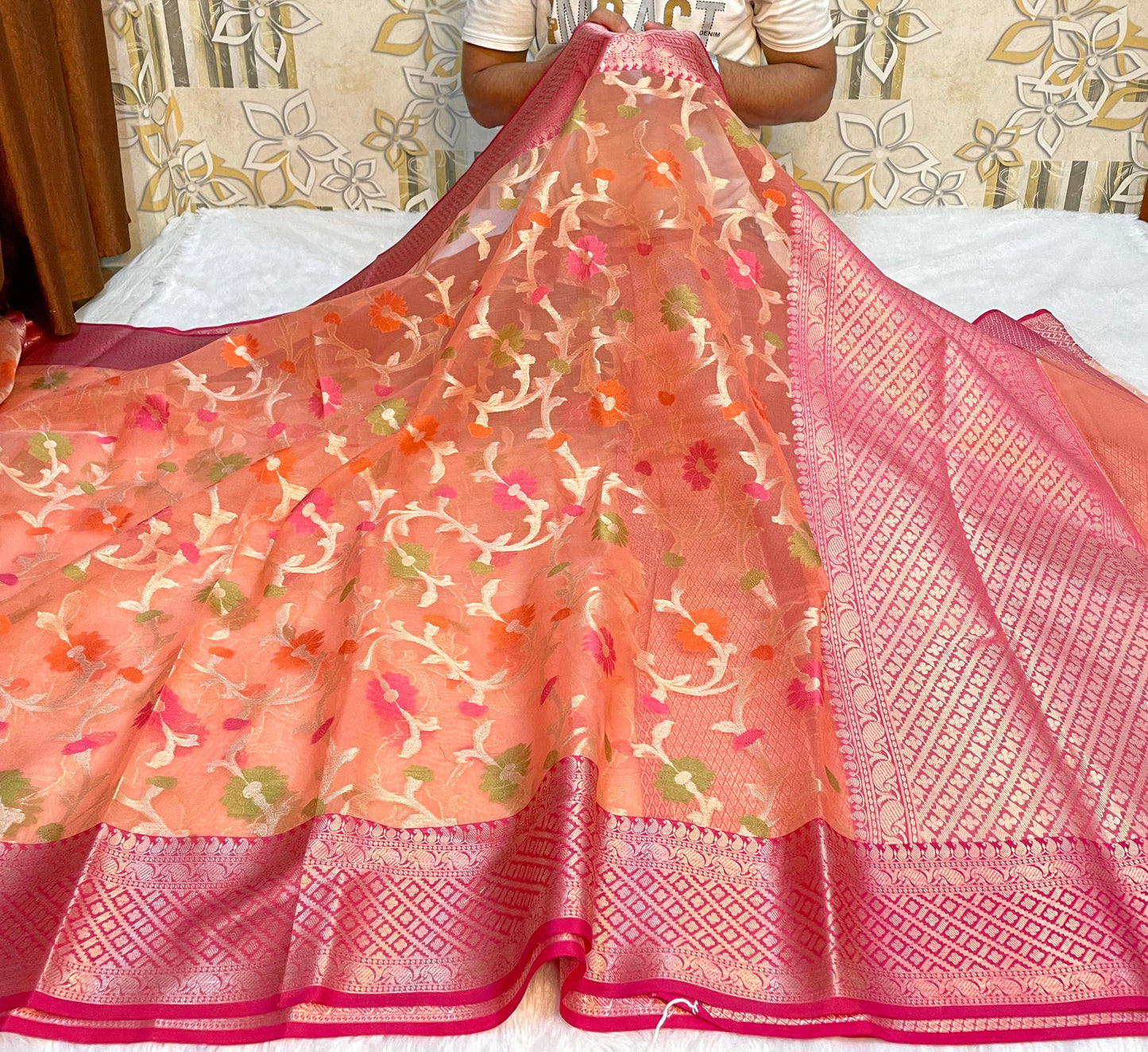 Orange Banarasi Cora Organza Silk Saree With Meenakari Work Alna Apparels