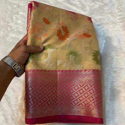 Half White Banarasi Cora Organza Silk Saree With Meenakari Work Alna Apparels