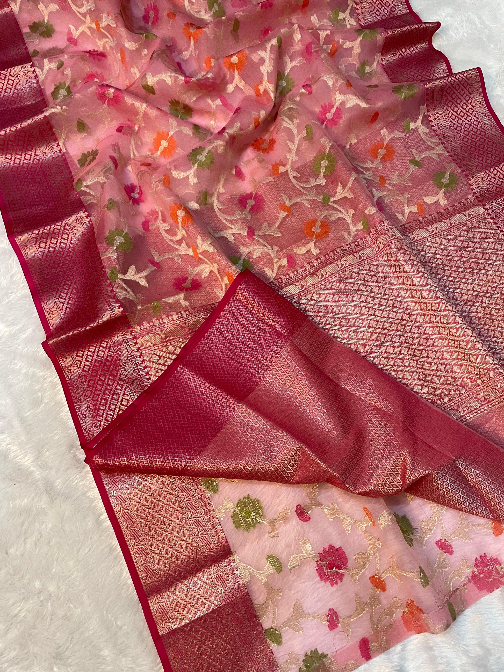 Pink Banarasi Cora Organza Silk Saree With Meenakari Work Alna Apparels