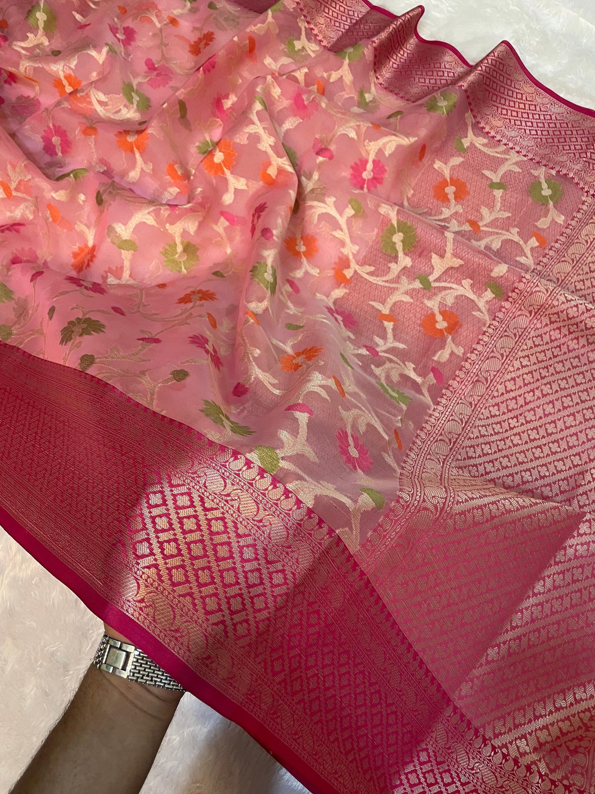 Pink Banarasi Cora Organza Silk Saree With Meenakari Work Alna Apparels
