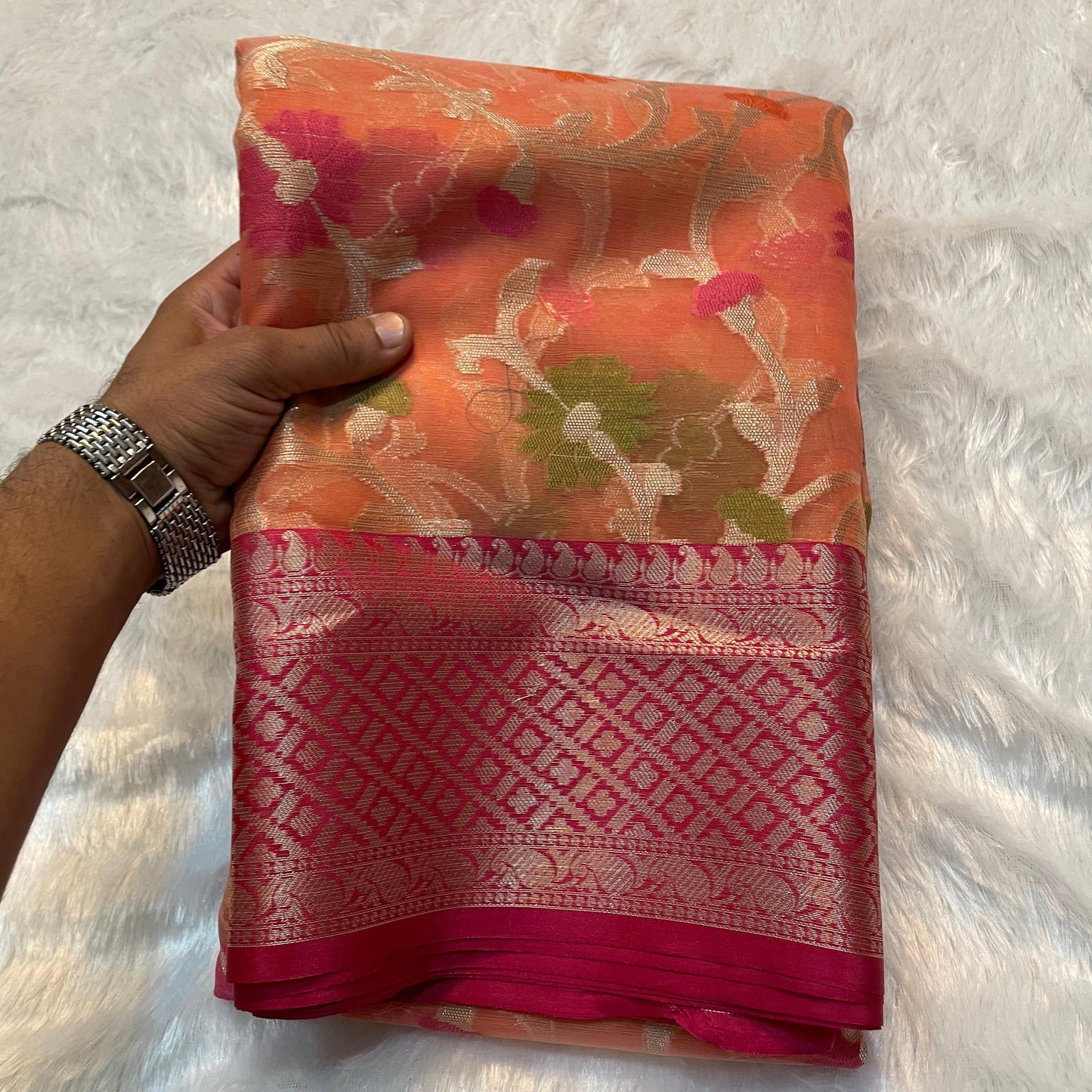 Orange Banarasi Cora Organza Silk Saree With Meenakari Work Alna Apparels