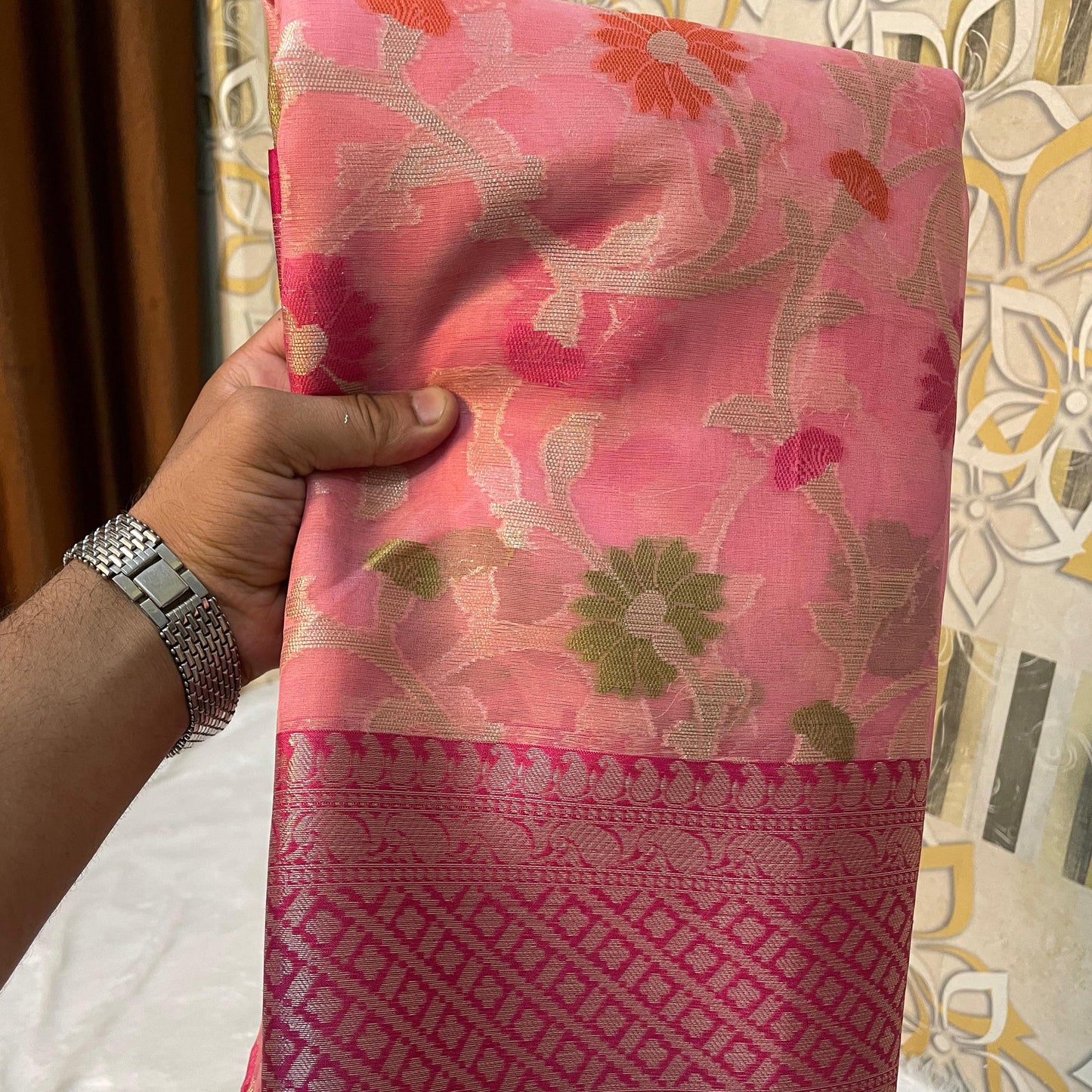 Pink Banarasi Cora Organza Silk Saree With Meenakari Work Alna Apparels