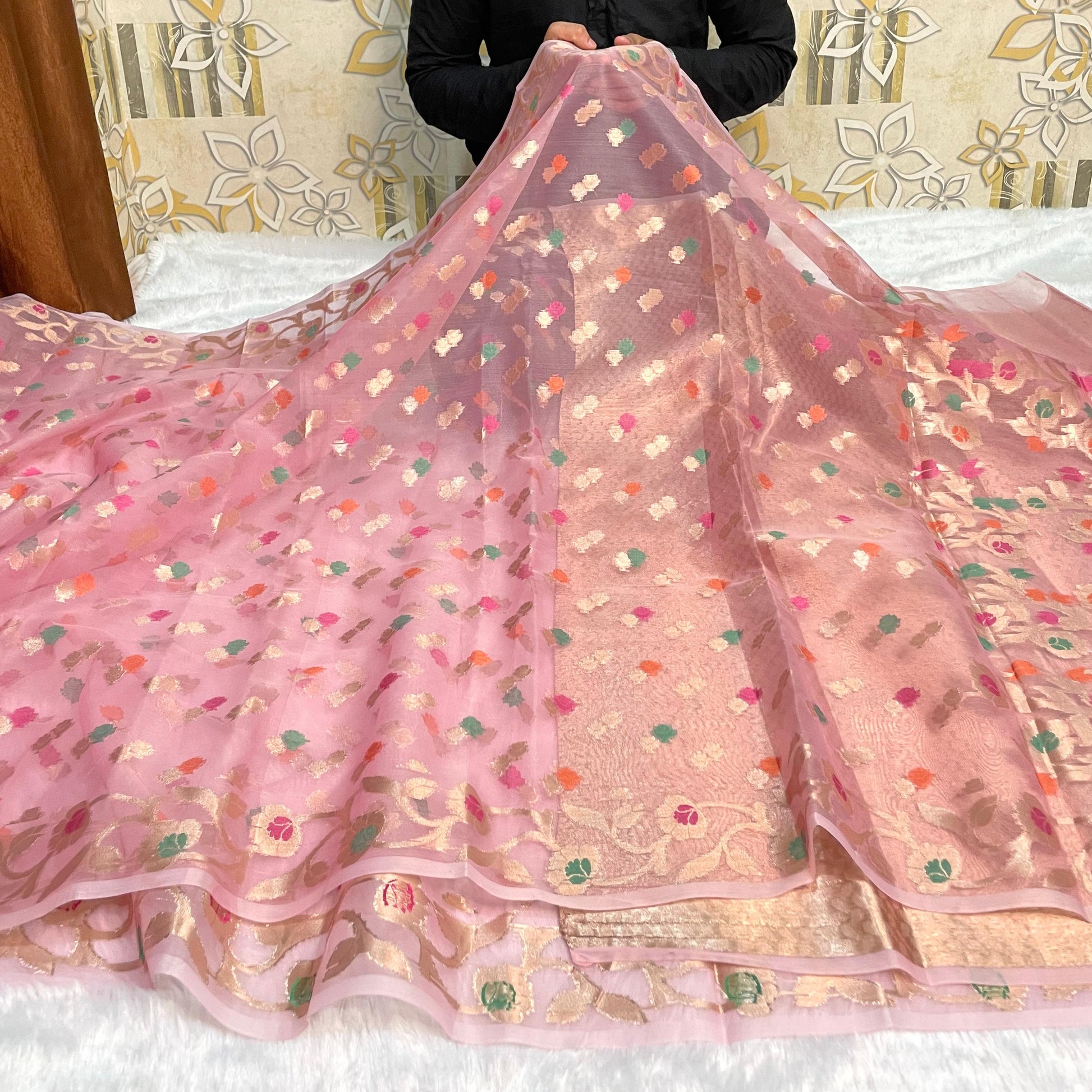 Pink Banarasi Kora Organze Silk Saree Alna Apparels
