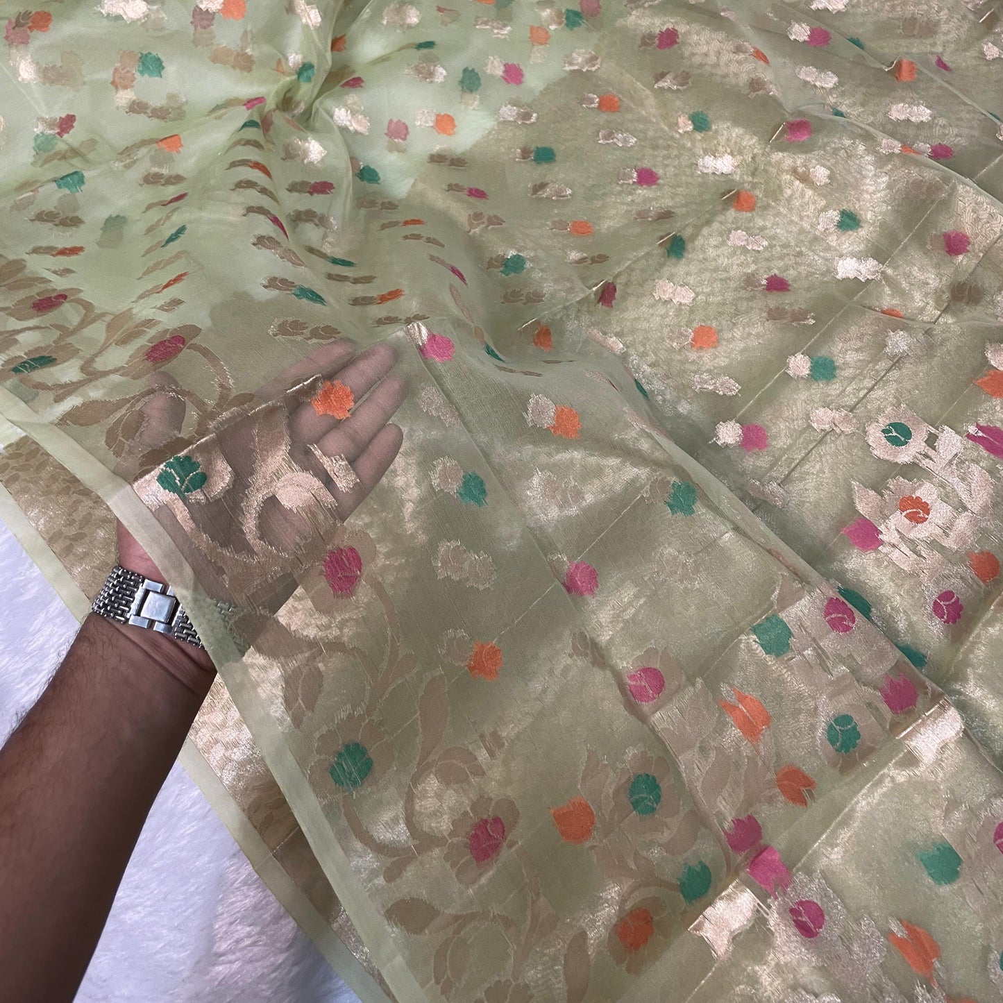 Light Green Banarasi Kora Organze Silk Saree Alna Apparels