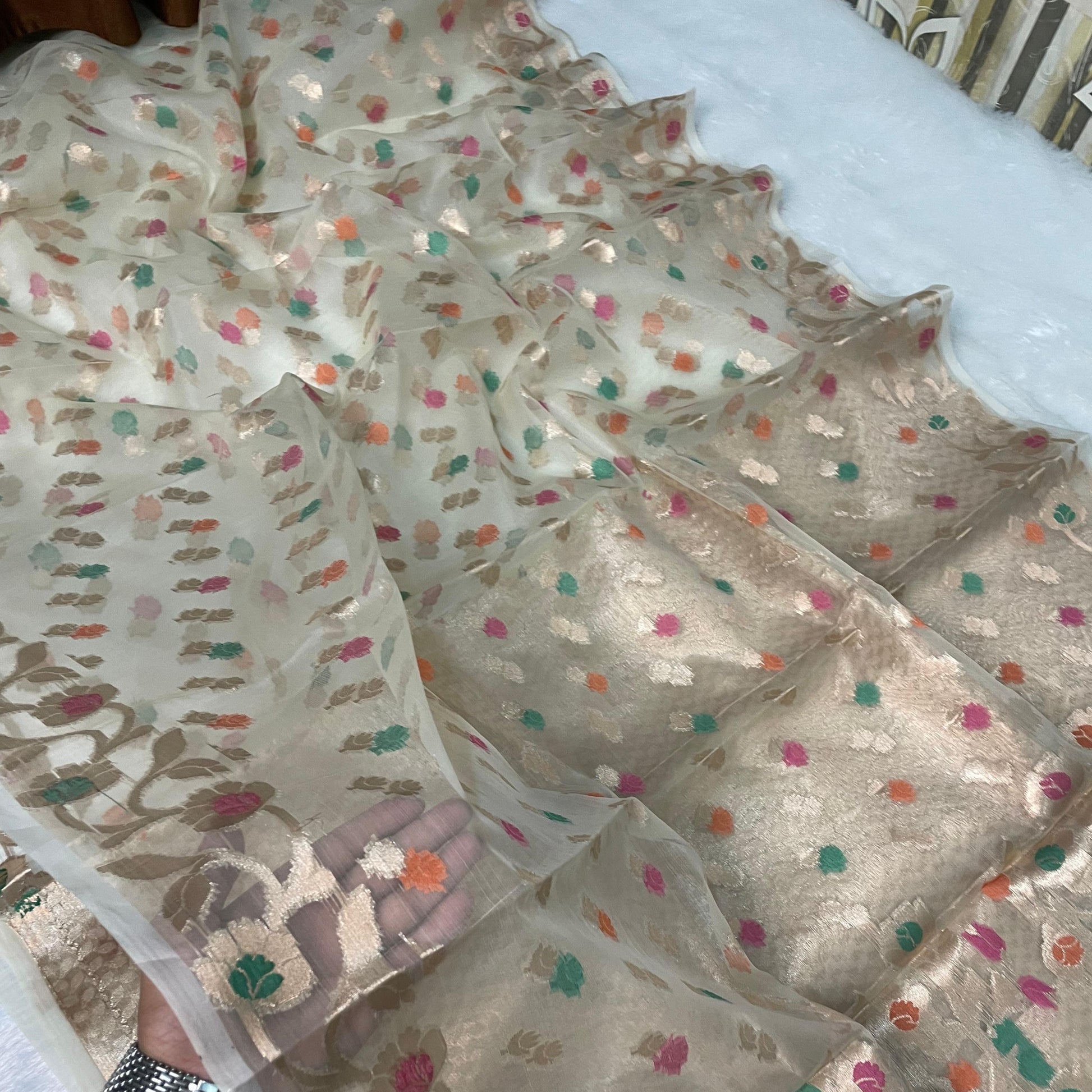 Beige Banarasi Kora Organze Silk Saree Alna Apparels