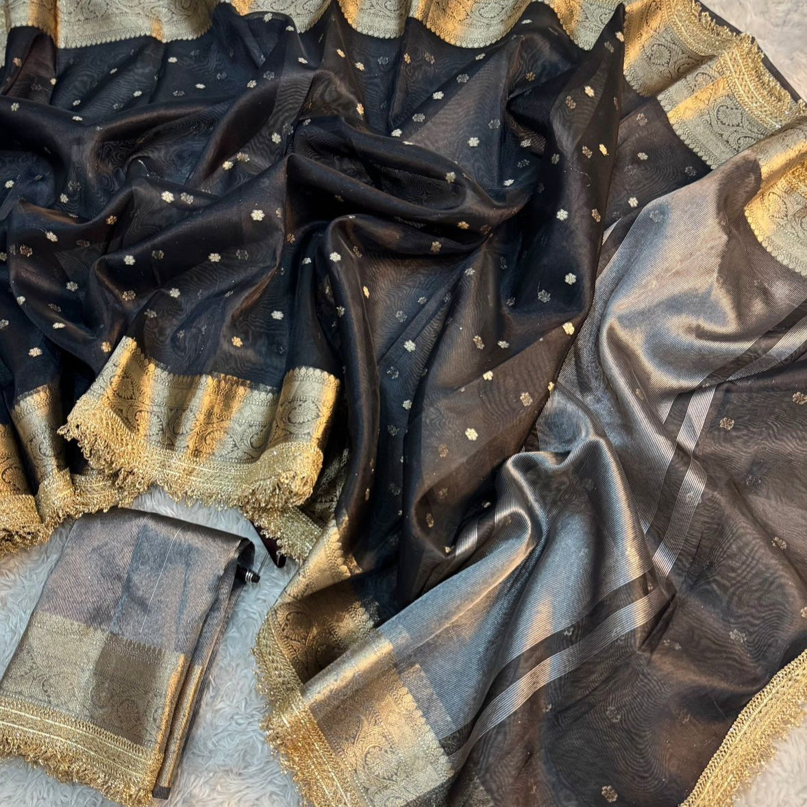 Black Banarasi Tissue Silk Saree With Lace Work Alna Apparels