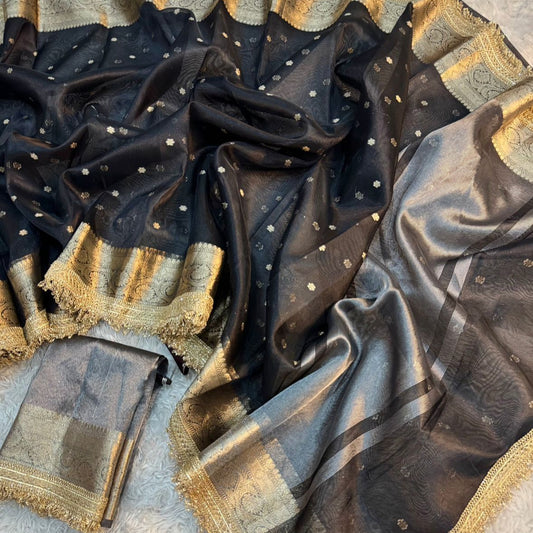 Black Banarasi Tissue Silk Saree With Lace Work Alna Apparels