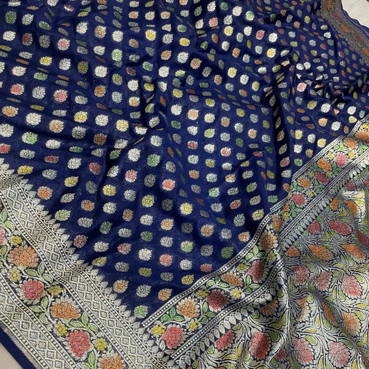 Navy Blue Banarasi Khaddi Georgette Silk Saree