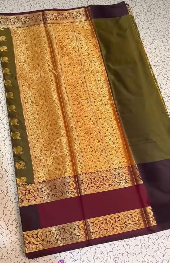 Olive green Banarasi Semi Kathan Silk Saree Alna Apparels